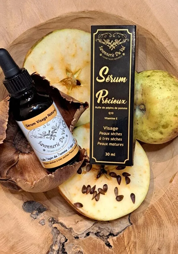 Sérum Précieux Visage BIO Huile de pépins de Pomme Vitamine E Coenzyme Q10 (actif anti-âge) peau déshydratée (2) Serum-Precieux-Visage-BIO-Huile-de-pepins-de-Pomme-Vitamine-E-Coenzyme-Q10-actif-anti-age-peau-deshydratee-2